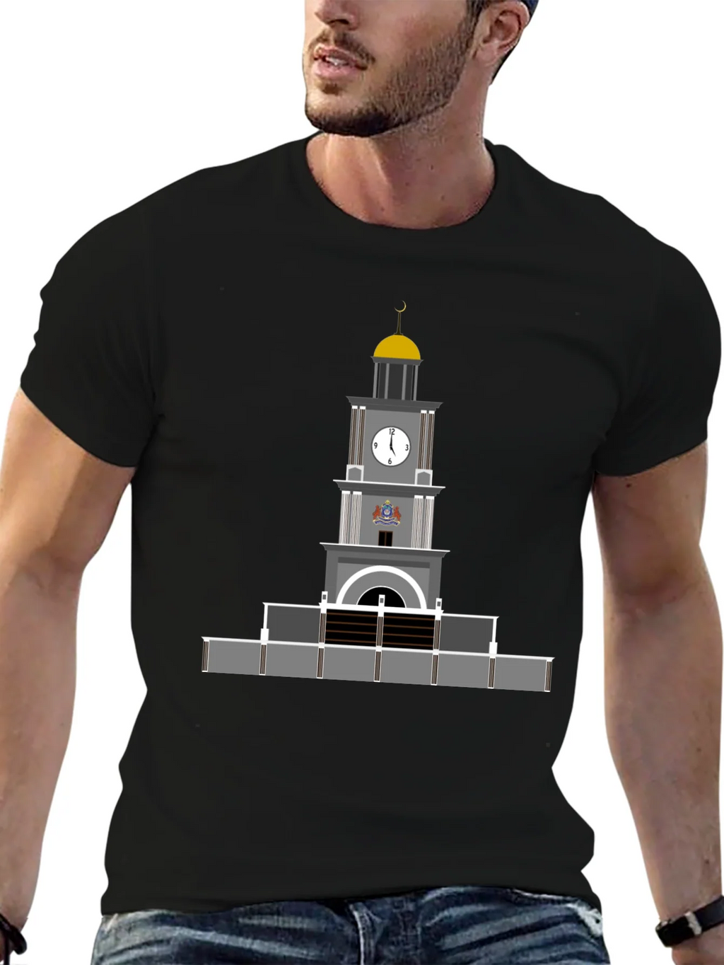 Black T-Shirt with Clock Tower Graphic product image 6