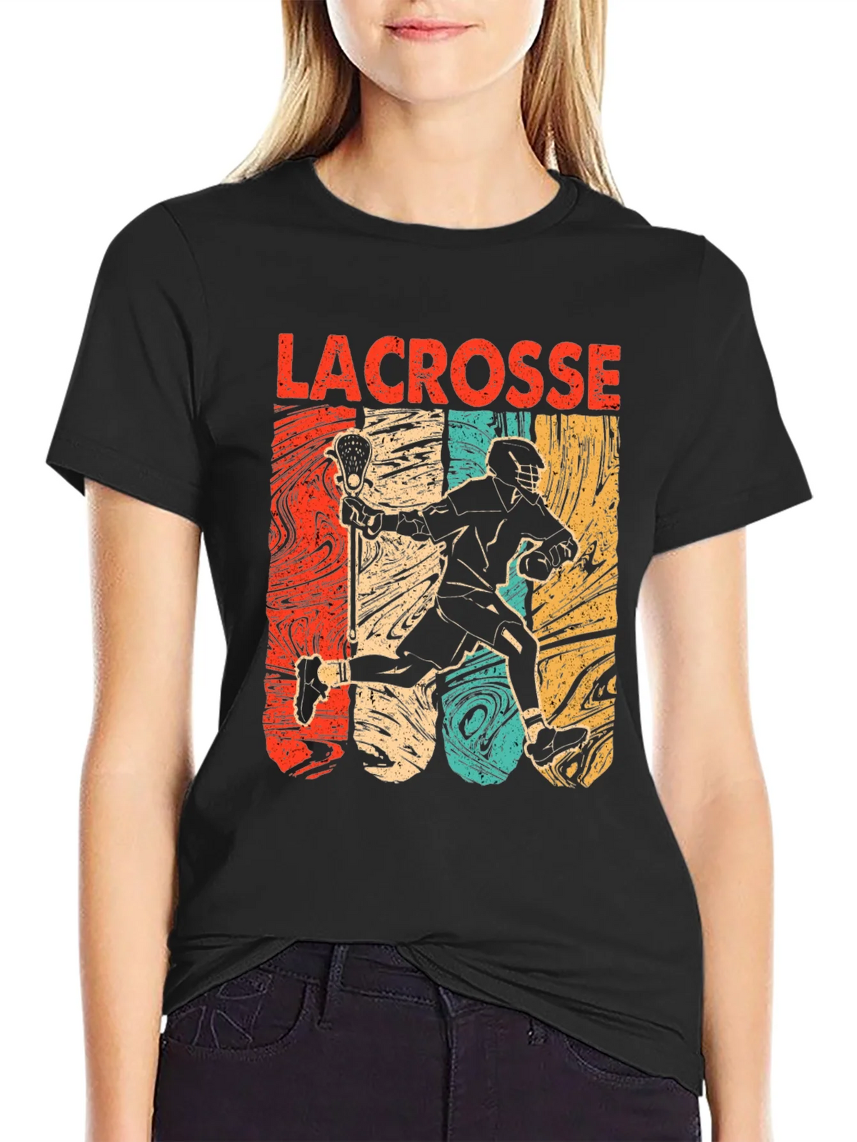 Lacrosse Player Graphic Tee - Retro Design Black T-Shirt product image 2