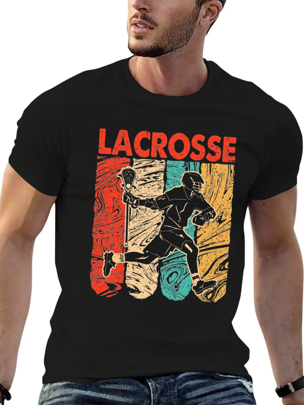 Lacrosse Player Graphic Tee - Retro Design Black T-Shirt product image 6