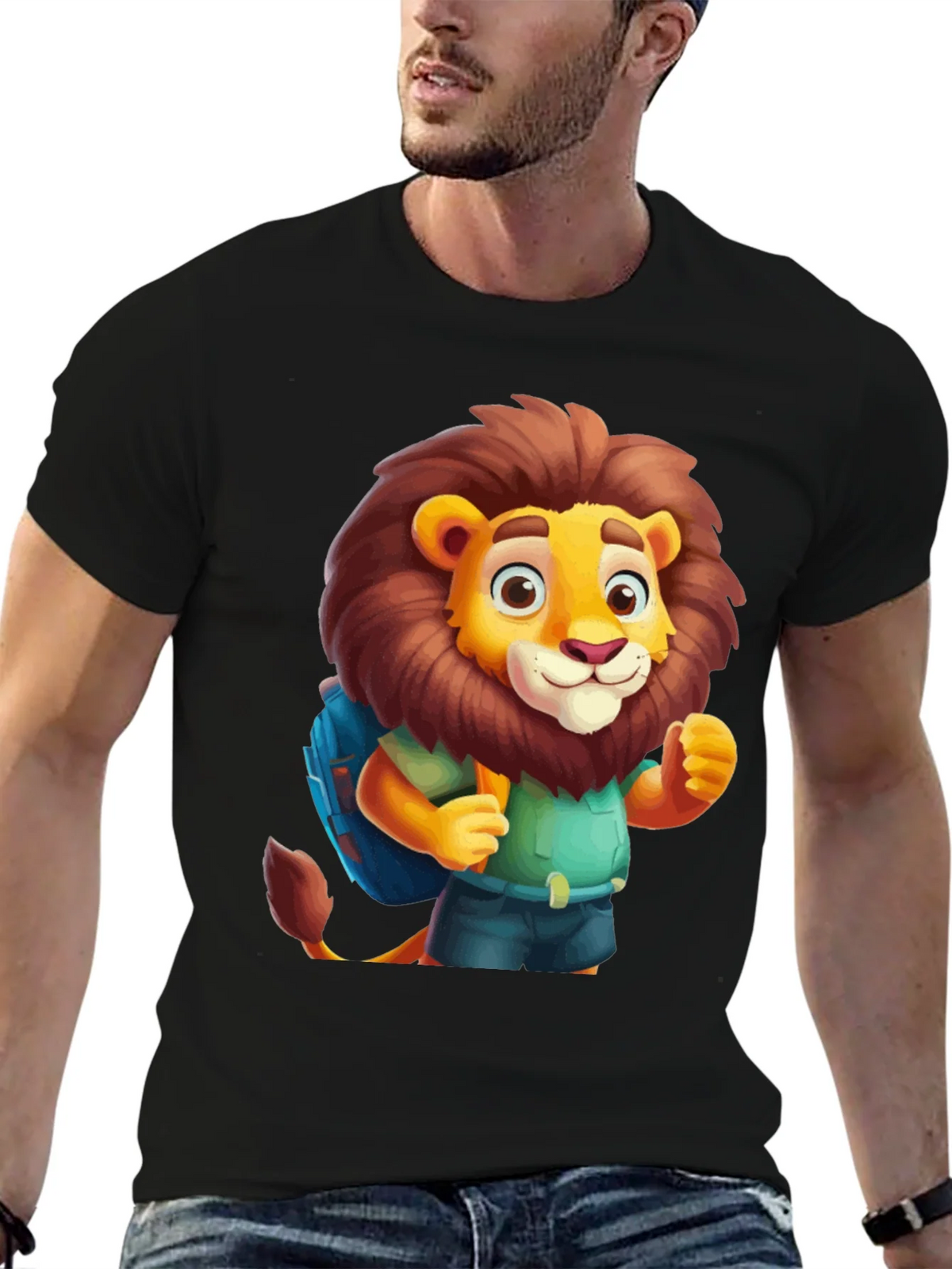 Cartoon Lion Tourist Black T-Shirt product image 4