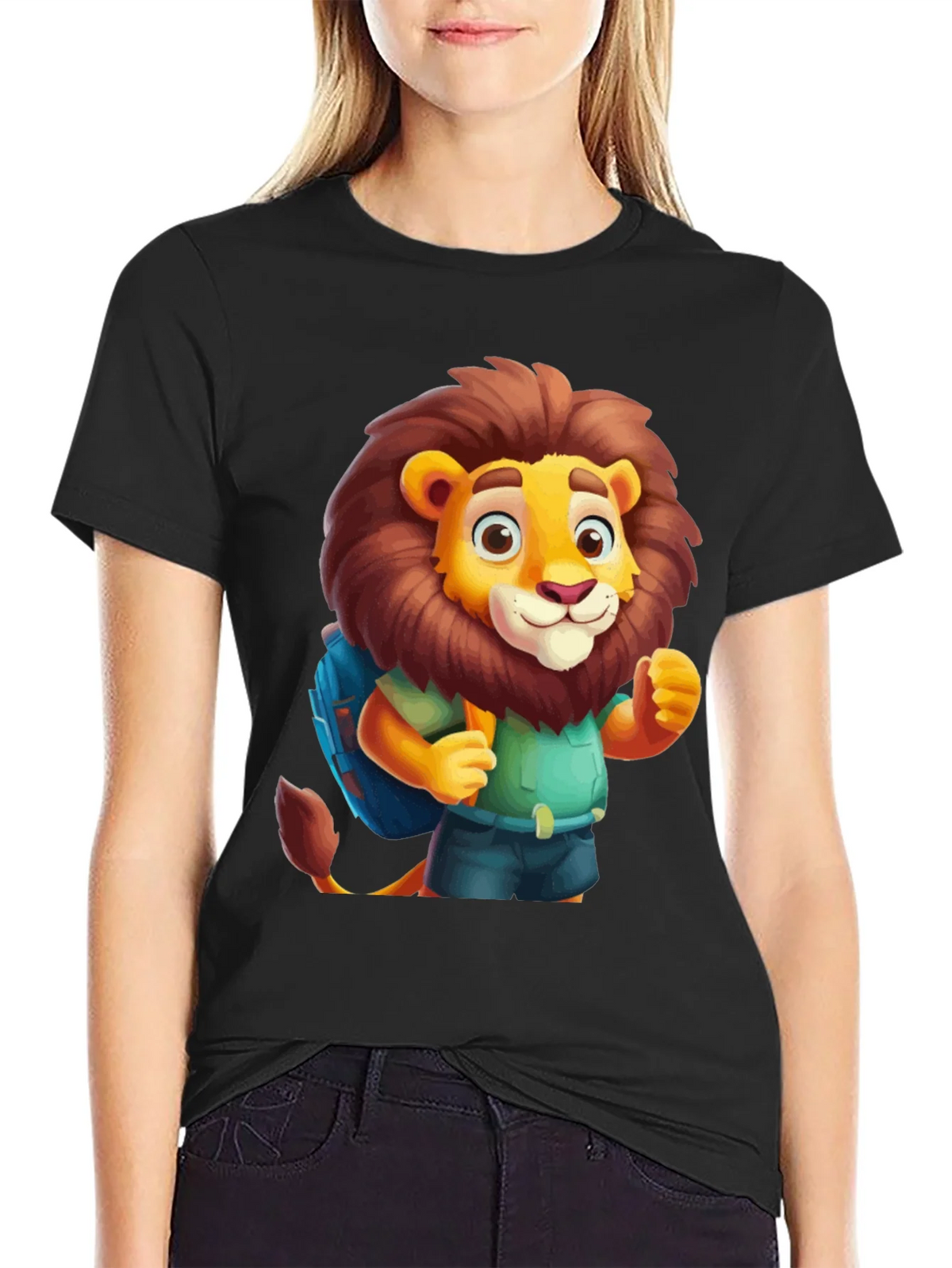 Cartoon Lion Tourist Black T-Shirt product image 1