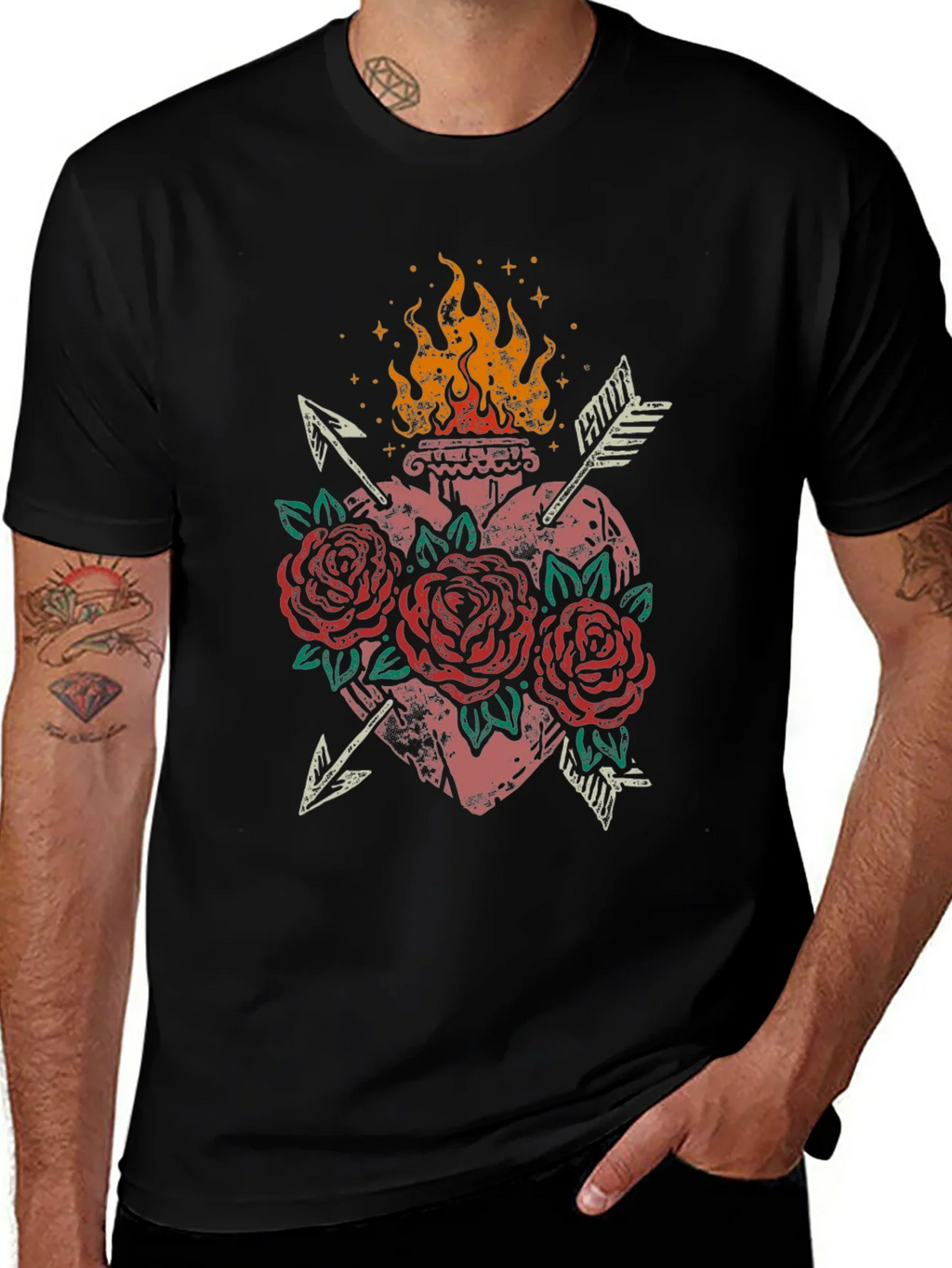 Flaming Heart Roses Arrows Graphic Tee product image 1