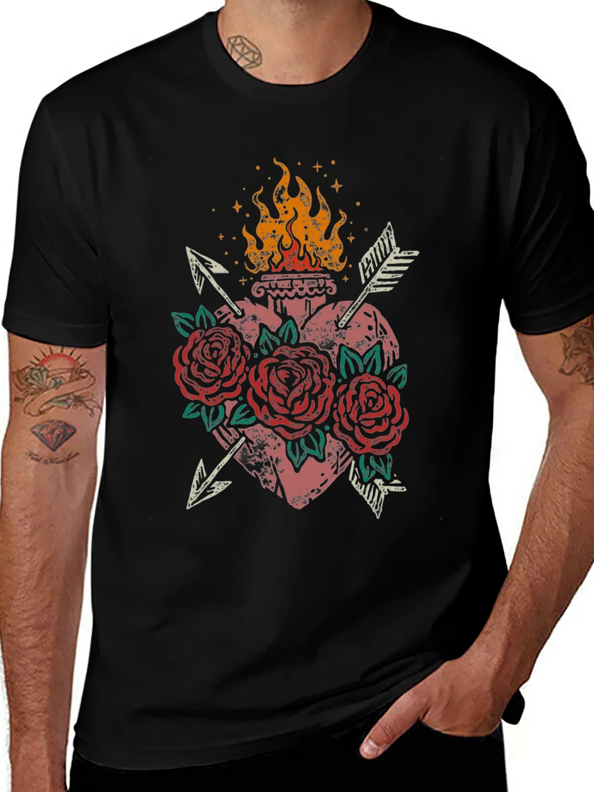 Flaming Heart Roses Arrows Graphic Tee product image 1