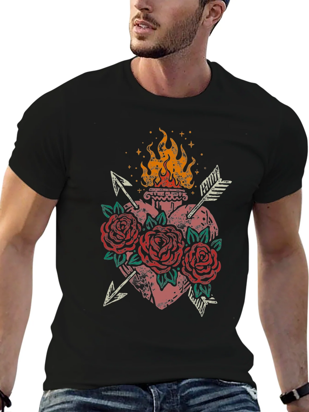 Flaming Heart Roses Arrows Graphic Tee product image 6