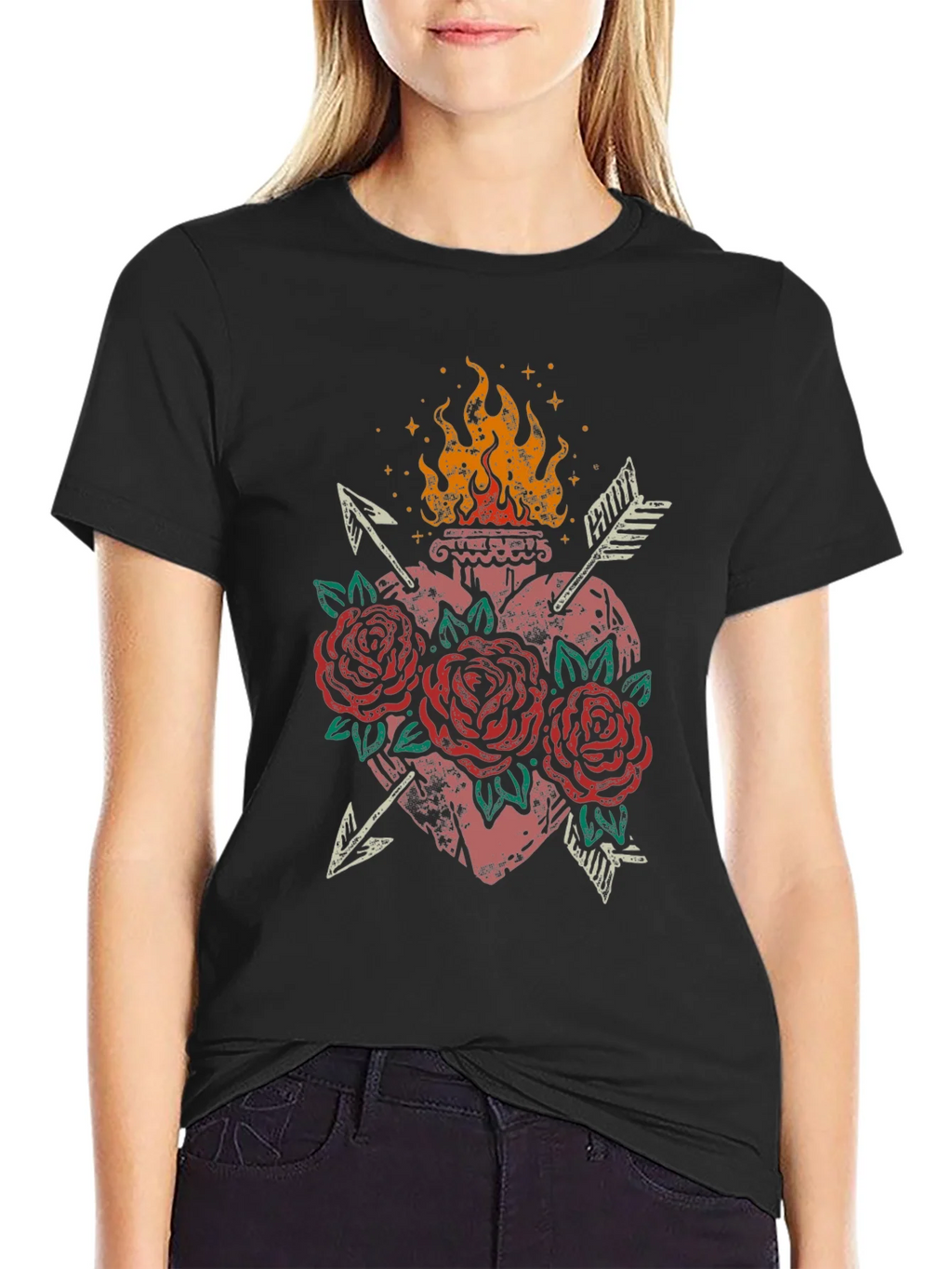 Flaming Heart Roses Arrows Graphic Tee product image 2