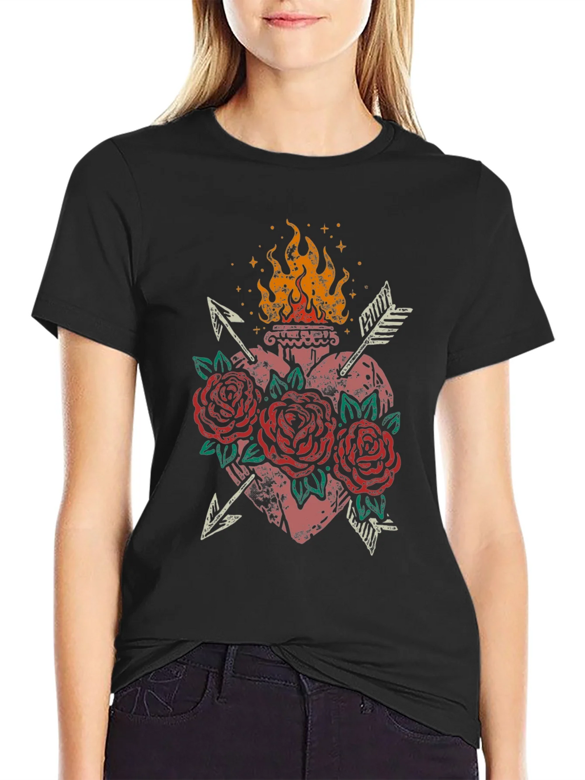 Flaming Heart Roses Arrows Graphic Tee product image 2