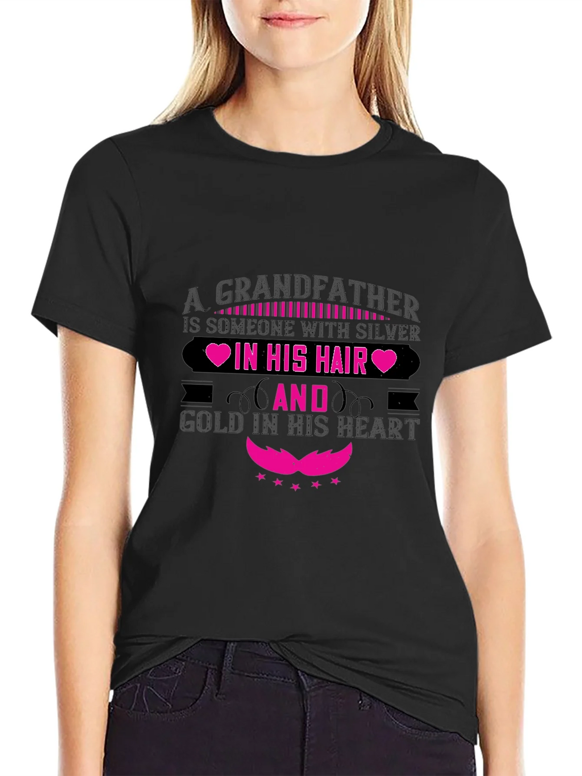Grandfather Silver Hair Gold Heart Black T-Shirt product image 1