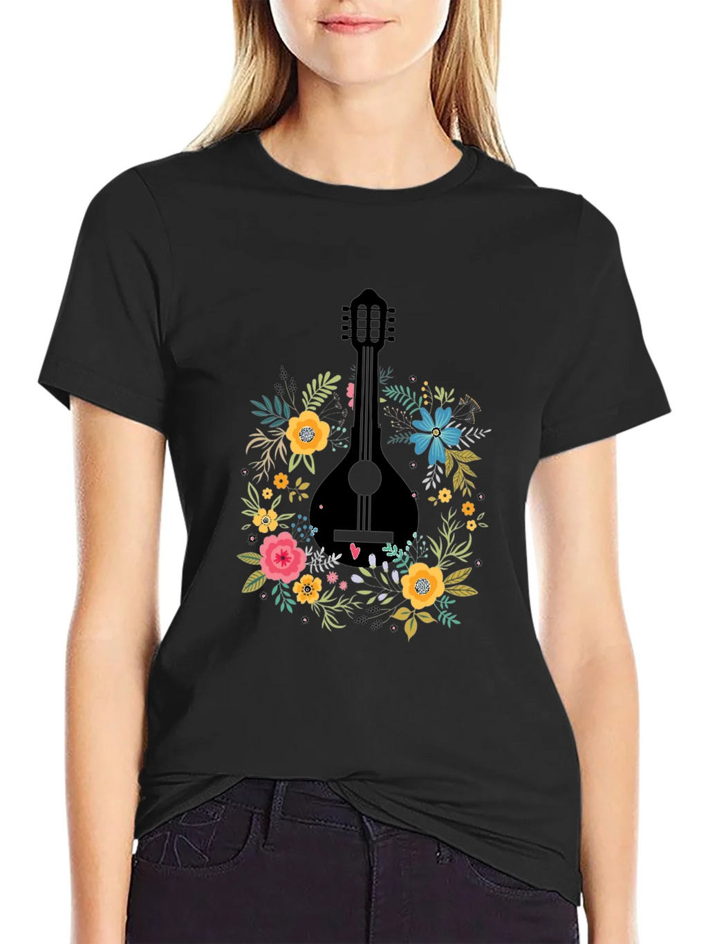 Floral Mandolin Graphic Tee - Black Cotton T-Shirt product image 1