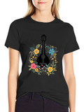 Floral Mandolin Graphic Tee - Black Cotton T-Shirt product image 1