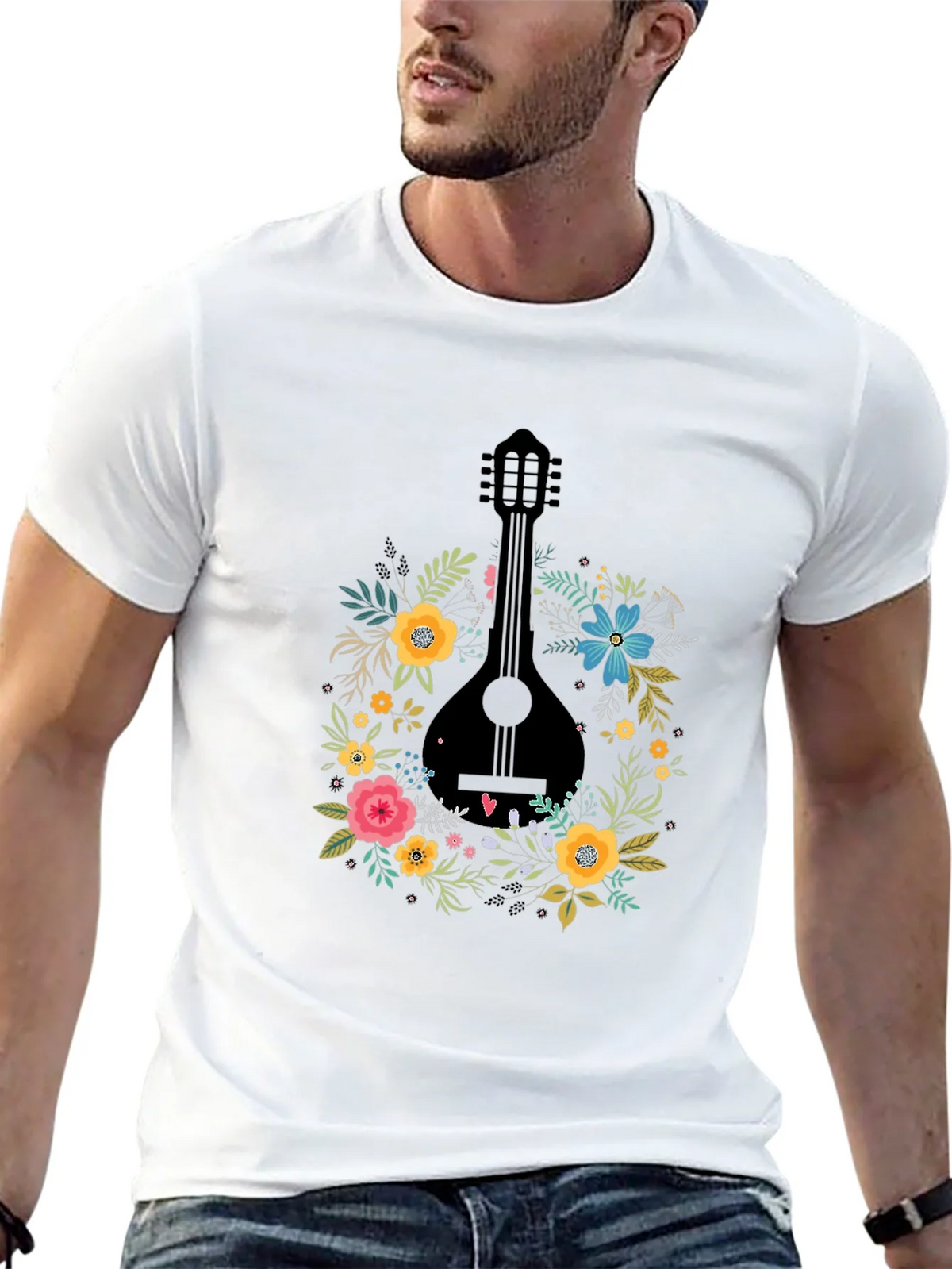 Floral Mandolin Graphic Tee - Black Cotton T-Shirt product image 9