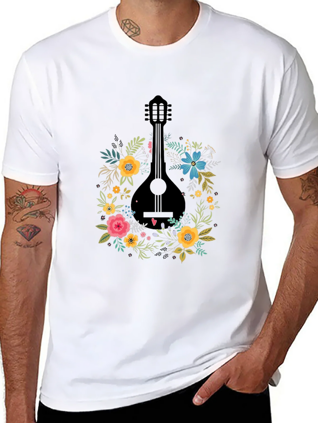 Floral Mandolin Graphic Tee - Black Cotton T-Shirt product image 5