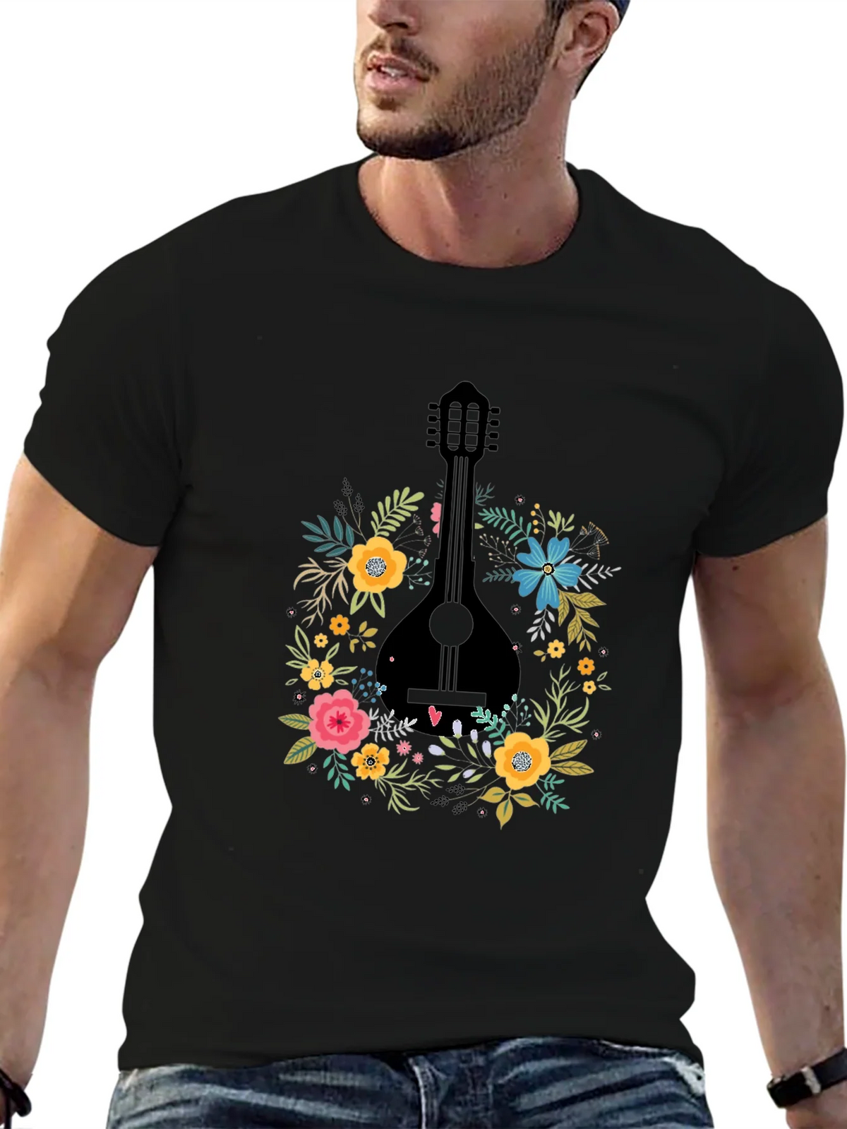 Floral Mandolin Graphic Tee - Black Cotton T-Shirt product image 4
