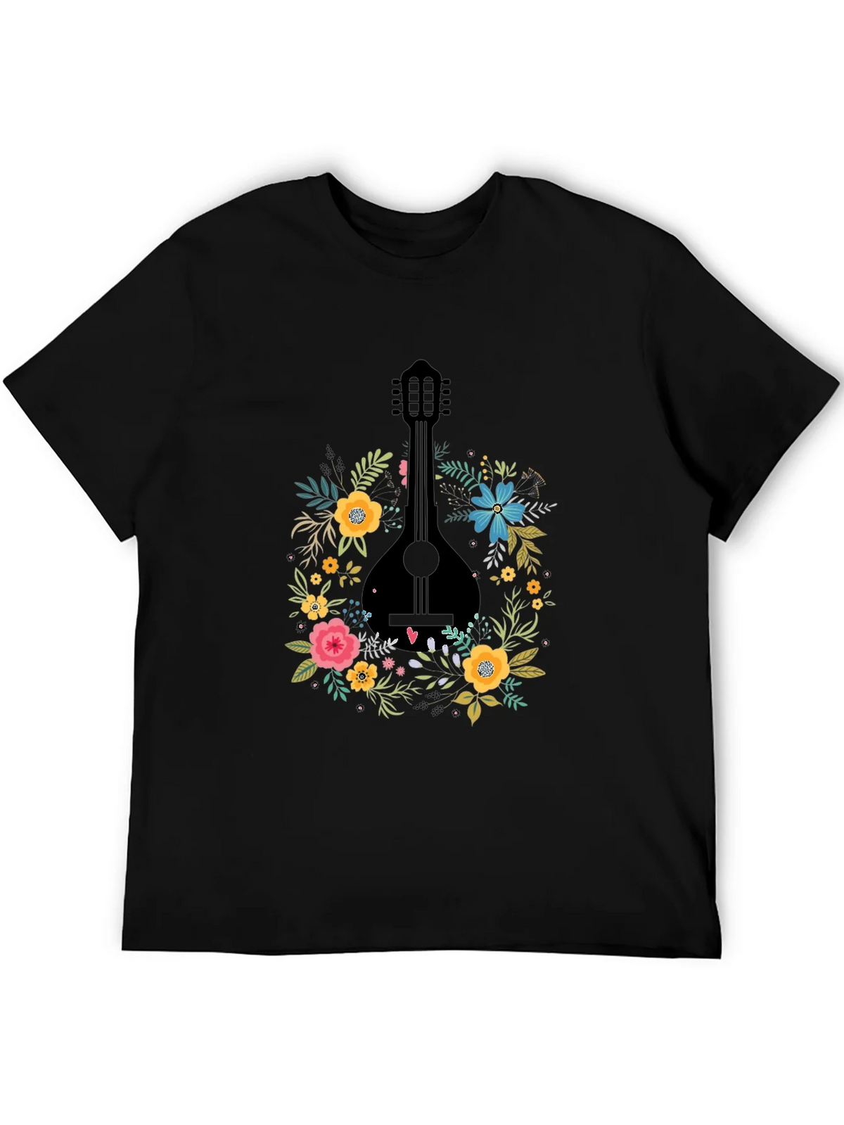 Floral Mandolin Graphic Tee - Black Cotton T-Shirt product image 3