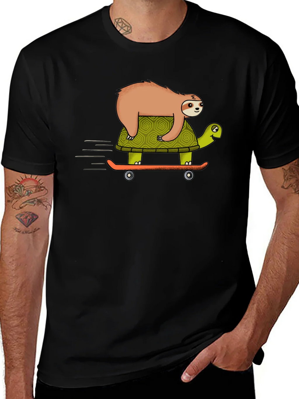 Sloth Riding Turtle Skateboard T-Shirt - Black product image 1