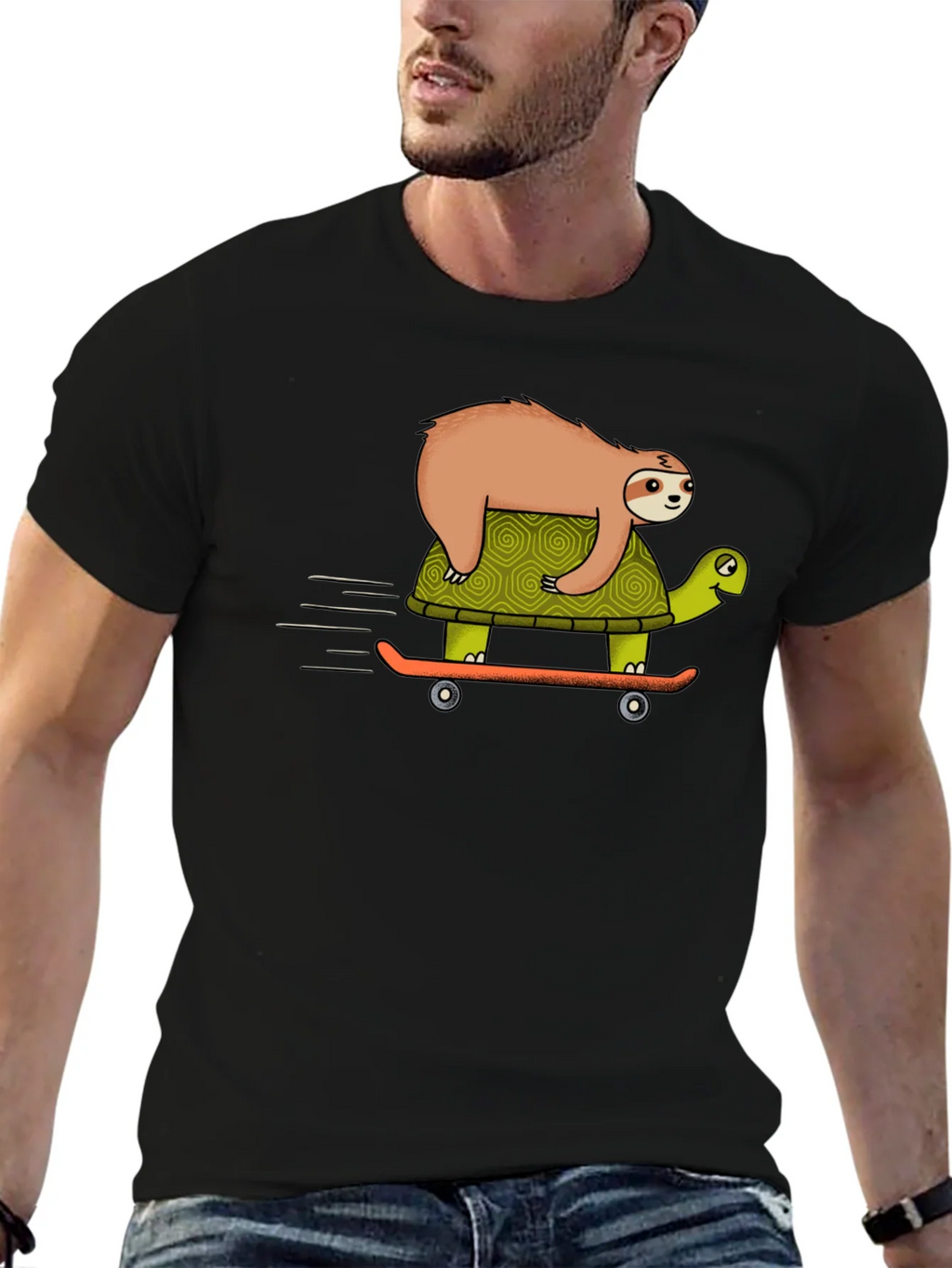 Sloth Riding Turtle Skateboard T-Shirt - Black product image 6