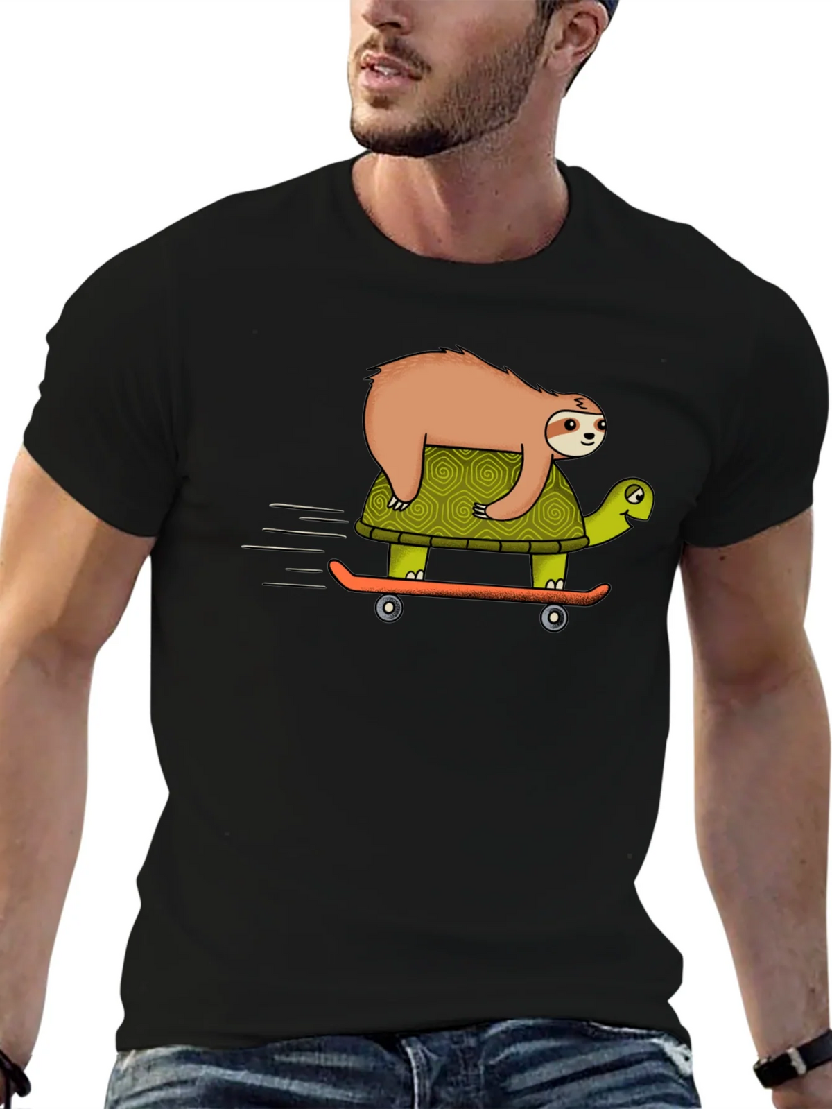Sloth Riding Turtle Skateboard T-Shirt - Black product image 6