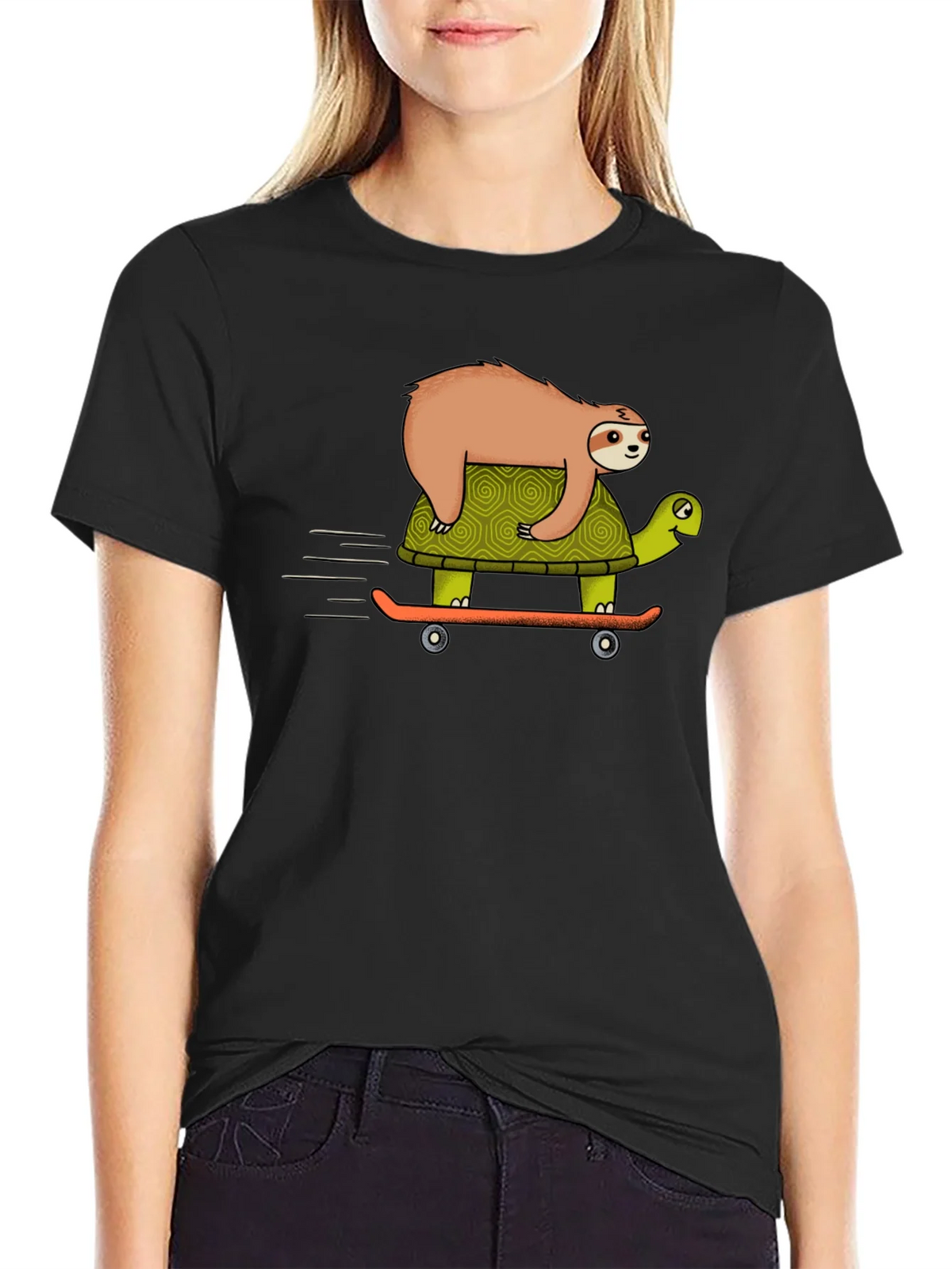 Sloth Riding Turtle Skateboard T-Shirt - Black product image 2
