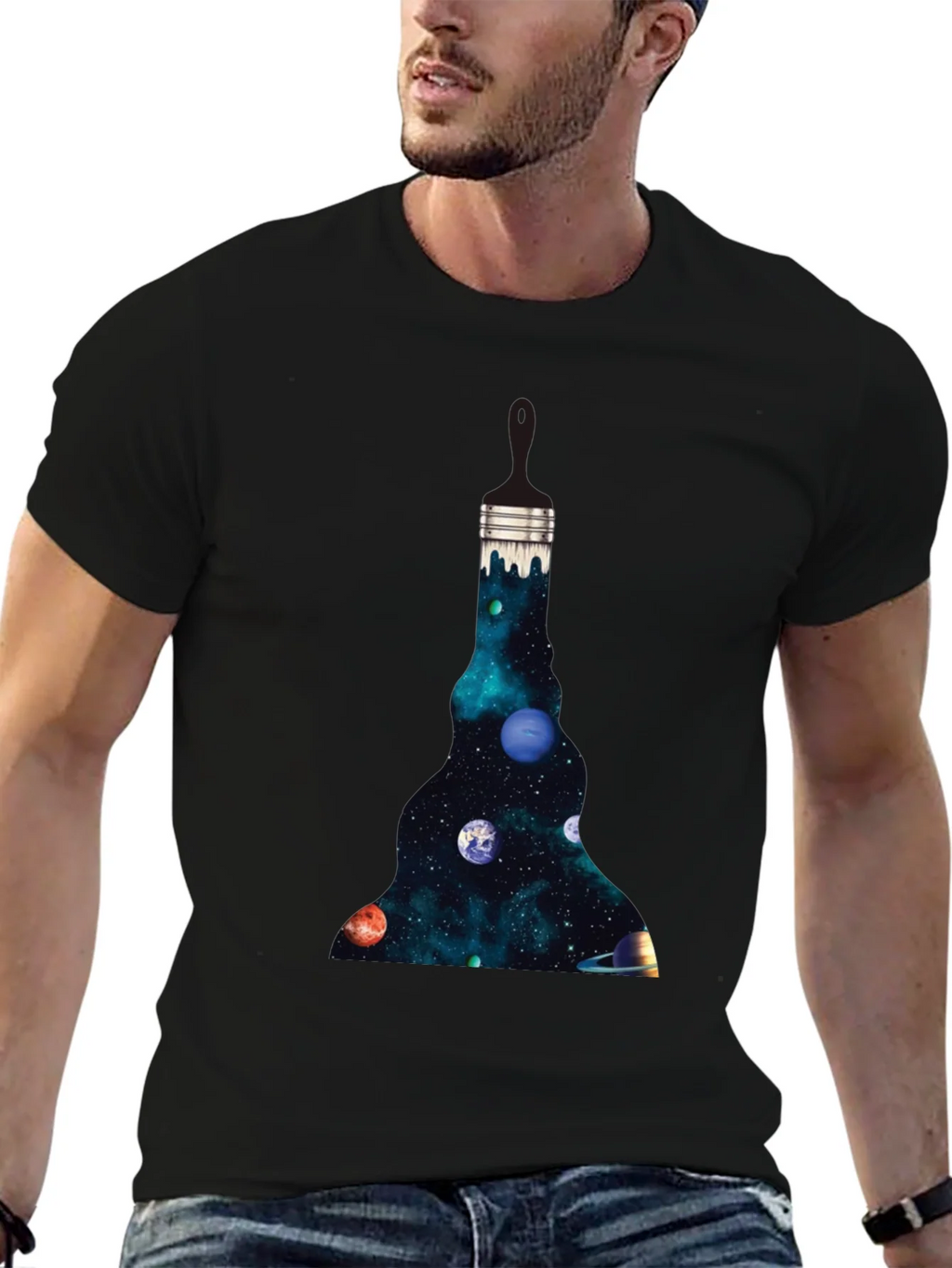 Galaxy Paintbrush Mens Black Graphic T-Shirt product image 4